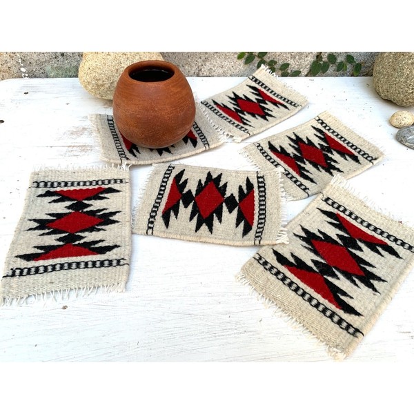 Zapotec Oaxacan 4.5x6.5" Hand Woven Western Pattern Set of 6 Weaving Coasters