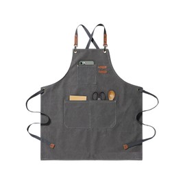jiuzcare BBQ Apron for Men 76 cm Cotton Apron with Front Pockets Adjustable BBQ Apron with Leather Coated Drawstring BBQ Apron Suitable for Kitchen Grill Handmade Baking, gray
