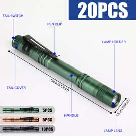Hortsun 20 Pcs Mini Pen Light Flashlights Pocket Flashlights Pen with Clip Small LED Handheld Slim Torches for Christmas Gift Without Battery (Black, Brown, Green,5.12 Inch)