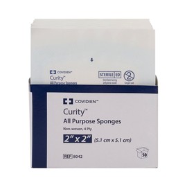 Covidien 8042 Curity Non-Woven All-Purpose Sponge, Sterile 2's in Peel-Back Package, 2" x 2", 4-ply (Pack of 50)