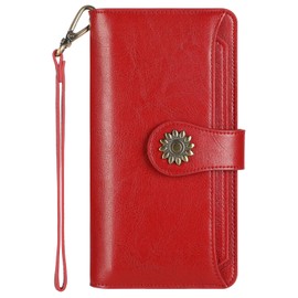 Lavemi Womens Genuine Leather Large Capacity RFID Blocking Wallets Clutch Card Holder With Wristlet Strap(2-Red)