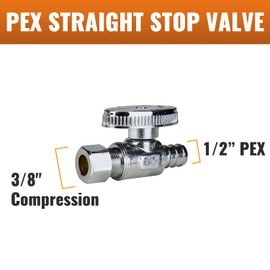 SUNGATOR 12-Pack 1/2" Pex Straight Stop Valve, 3/8" OD Compression x 1/2" PEX, 1/4 Turn Chrome Plated Brass, Pex Shutoff Valve 1/2 inch For Faucets and Toilets, ASTM F1807