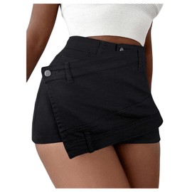 SHENHE Women's Vintage Mini Denim Skorts Wrap Overlay Irregular Stretchy Cargo Shorts Pure Black X-Large