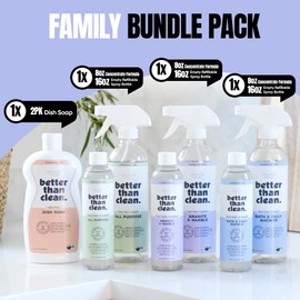 Better Than Clean™ Family Bundle Pack – Plant-Based, Fragrance Free, Non-Toxic Cleaners for Dishes, Surfaces, Stone, Bath & Shower – 4x 8oz Concentrates, Refillable