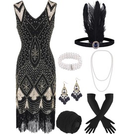 ELFIN 20s Dresses, Flapper Dress, Women's Sequins, Fringe Dress, Cocktail Dress, 20s Party Dress, V-Neck, Vintage 1920s Costume Dresses, 20s Accessories Set, Mafia Fancy Dress, Carnival Theme, XXL,