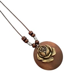 KIFEDSLJ Wooden Pendant Necklace with Owl Leaf Elephant Flower Handmade Vintage Bronze Leaf Long Leather Chain Sweater Necklace for Women (rose)