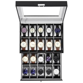 Uten 20-Slot Watch Box, 2-Layers PU Leather Watch Case with Glass Lid, Watch Holder Organizer with Soft Pillow and Velvet Lining, Watch and Jewelry Storage Box