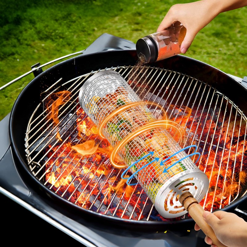 Grill Baskets (2PCS)304 Stainless Steel Removable Wooden Handle Rolling Grilling