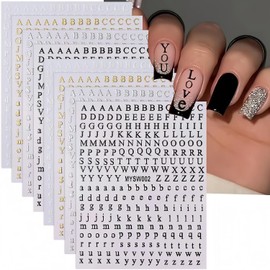 8 Sheets Letter Nail Stickers for Nail Art, 3D Self-Adhesive English Alphabet Nail Decals Black White Gold Silver Big Small Letter Nail Art Design Stickers for DIY Acrylic Nail Art Decorations Charms