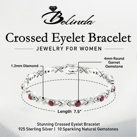 Belinda Jewels - Crossed Eyelet Sterling Silver Bracelet, Women's Bracelets with 10 Naturally Created Garnet Gemstones, 7-Inch Bracelets for Women, Rhodium-Plated 925 Sterling Silver Bracelet