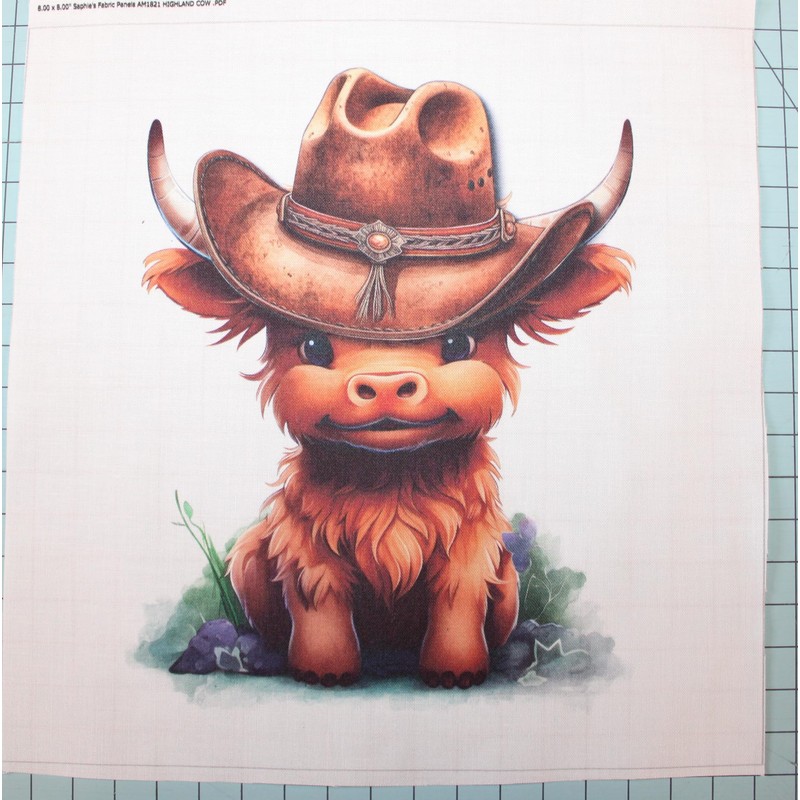 Fabric Panel 14"x14" Cowboy Baby Highland Cow 100% Cotton Quilting