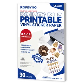 8.5x14 Printable Vinyl Sticker Paper Waterproof, Removable Self Adhesive Vinyl Sticker Sheets for Inkjet and Laser printer, 30 Pack, Legal Size, Milky Transparency