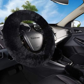 Yontree Fashion Fluffy Steering Wheel Covers for Women/Girls/Ladies Australia Pure Wool 15 Inch 1 Set 3 Pcs (Black)