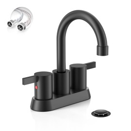 Phiestina 4 Inch 2 Handle Centerset Matte Black Lead-Free Modern Bathroom Faucet, 360 Swivel Spout 2-3 Hole RV Bathroom Vanity Sink Faucet with Pop Up Drain and Water Supply Lines,BF015-1-MB
