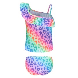 Aisyee Little Girls Two Piece Swimsuits Tankini Mermaid Bathing Suit Kids Hawaiian Swimwear Set Rainbow Leopard Size 7