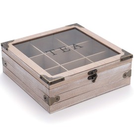 handrong Wooden Tea Box Organizer Wood Tea Storage Box Chest Rustic Tea Bag Holder Rack Storage Container Tea Caddy for Coffee Tea Sugar Sweeteners Creamers Drink Pods Packets (Gray)
