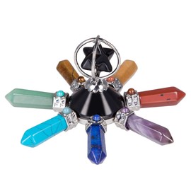 KYEYGWO Energy Pyramid Stone with 7 Chakras Crystal Dot, Obsidian Merkaba Pyramid Healing Stone Hexagonal Crystal Pyramid Feng Shui Ornament Home Decor for Reiki Healing and Meditation