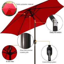 Blissun 7.5 ft Patio Umbrella, Yard Umbrella Push Button Tilt Crank (Red) Red