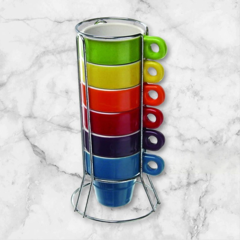 Quailitas Stackable Set of 6 Colourful Ceramic Espresso Mugs