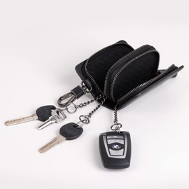 VISOUL Genuine Leather Car Key Cover Key Bag Car Key Pendant Antique Vintage Double Zip Carabia Hook Bag, black