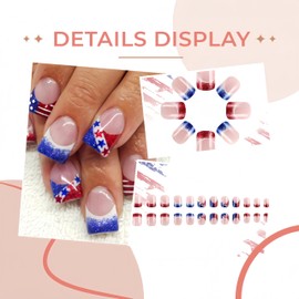 4th of July Press on Nails Short Square Fake Nails with American Flag Star Glitter Design 4th of July Patriotic False Nails Independence Day Red Glitter French Glue on Nails Acrylic Nails for Women