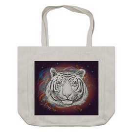 Ambesonne Animal Shopping Bag, Wildlife Theme Modern Image of a White Tiger Lion Head from Outer Space, Eco-Friendly Reusable Bag for Groceries Beach and More, 15.5" X 14.5", Cream