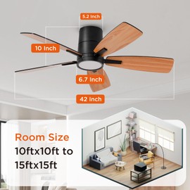 TALOYA 42 inch Ceiling Fans with Lights,Ultra Quite Low Profile Ceiling Fan with Light and Remote Control,Flush Mount, Reversible, Dimmable,Modern Ceiling Fan for Bedroom Kids Room Black