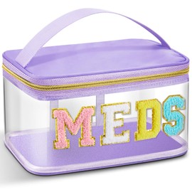Geetery Chenille Letter Bag Nylon Makeup Portable Cases Preppy Patch Makeup Bag with Zipper Cosmetic Toiletry Storage case for Women (Purple,Fresh Meds)