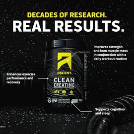 Ascent Polvo de monohidrato de creatina limpia, 0.18 oz por porción, suplemento de creatina Creapure - Sin sabor, 100 porciones
