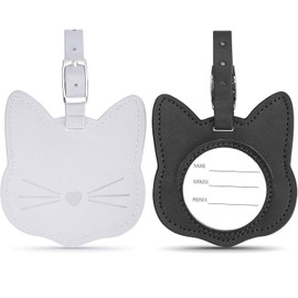 2 Pcs Cute Cat Shape Luggage Tag Premium Leather Suitcases Tags 2 Colors Luggage Identifiers with ID Label Card and Adjustable Strap for Suitcase Baggage Travel (Black and White)