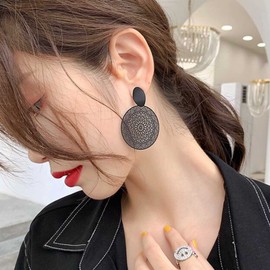 Yienate Boho Black Floral Earrings Vintage Dot Studs Lace Disc Drop Dangle Earrings Unique Black Geometric Tattoo Lace Hoop Earrings Statement Round Earrings Jewelry for Women and Girls