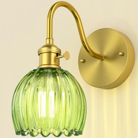 Phaosio Vintage Tulip Green Glass Shade Hardwired Wall Sconce – 1 Pack Brass Mid Century Light Fixture for Bedroom Living Room Dining Room Hallway