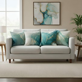 Hopomoon Marble Green Gold Throw Pillow Covers Set of 4,Luxury Abstract Texture Turquoise Decorative Square Linen Pillow Case for Couch Sofa,18 x 18 Inch