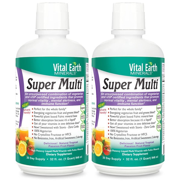 Vital Earth Minerals Super Multi - Liquid Multivitamins for Women, Men, and Kids, Liquid Vitamins & Minerals with Fulvic Acid for Max Absorption, MTHFR Support, 32 Oz (Pack of 2)