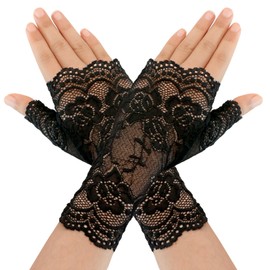 eboozone Women's Short Lace Gloves Fingerless Floral Sunblock Black Lace Gloves for Bridal Prom Wedding Tea Party Vampire Costume Accessories