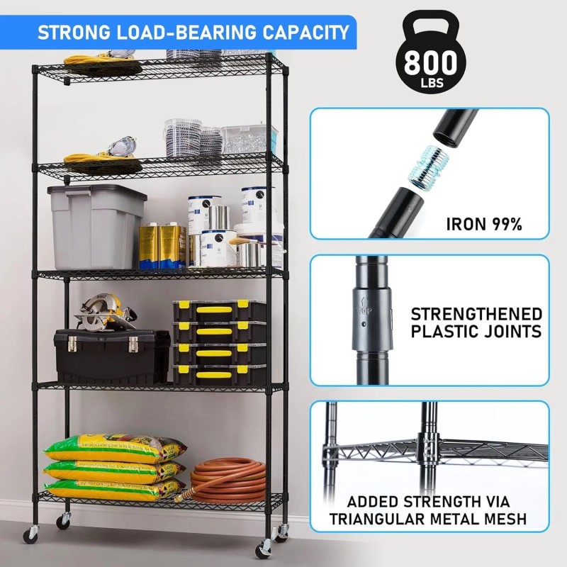 5-Tier Storage Shelves Wire Metal Shelving Unit for Garage Kitchen