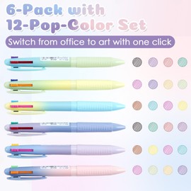 IPURTER 6 Pack 4-in-1 Multicolor Ballpoint Pens, Retractable Colored Pens 0.7mm Fine Point, 12 Assorted Ink Colors, Smooth Writing for Students, Doctors, Journaling, Office Use