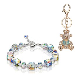 ZHSH Cute Bling Crystal Animal Keyring with 1 Pcs Sugar Cube Rhinestone Bracelet, Charm Bear Poodle Elephant Pendant (C2)