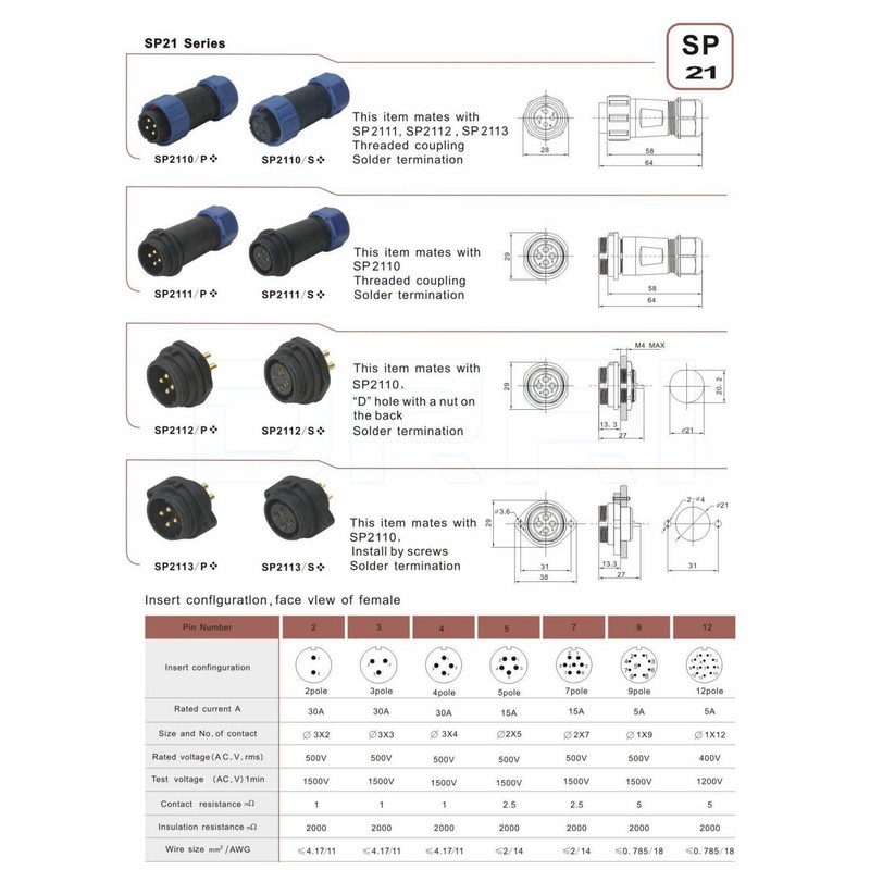 DRRI Weipu SP21 Inline 7 Pin Threaded Coupler Waterproof IP68