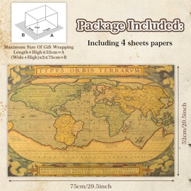 Vintage Map Wrapping Paper, Vintage Ancient Retro World Map Sailing Map Brown Wrapping Paper Folded Flat 4 Sheets 52x75cm for Traveller Libraries Bookcover Hanukka Pirates Party
