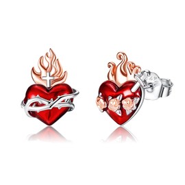 Sacred Heart Earrings Sterling Silver Heart of Jesus Stud Earring Sacred Christmas Jewelry for Women, Sterling Silver, No Gemstone