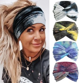 Tobeffect Wide Turban Headbands for Women, 4 Packs Extra Wide Knotted Head Bands for Women's Hair, Boho Fashion Hairbands Casual Sport Hair Accessories for Workout Yoga