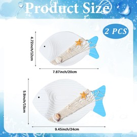CREATCABIN 2pcs Wood Fish Nautical Beach Wall Decor Fish Hanging Wall Art Ocean Room Decor Nautical Handmade Home Decoration White Blue Net Wooden Vintage Indoor Ornament 7.87×4.72In/9.45×5.9In