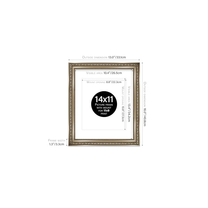 14x11 Gunmetal Ornate Photo Frame With White Mat For 11x9