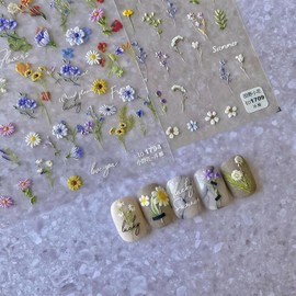 Cosmeria Nail Stickers, 2 Sheets 5D Flowers Nail Art Stickers, Summer Flowers with Wildflowers, Daisies and Leaves for Women and Girls