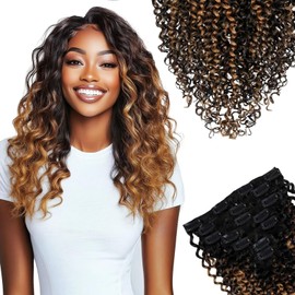SIYUSI Kinky Curly Clip In Extensions, 3C 4A 100% Brazilian Remy Human Hair Clip Ins, Invisible & Scalp-Friendly, Honey Blonde Ombre, 3.52oz, 7Pcs (22 Inch)