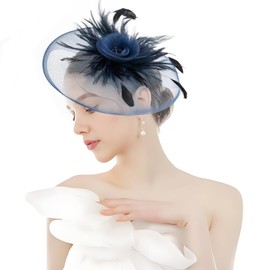 Unpifolov Fascinators Hats Flower Mesh Feathers Headband Tea Party Wedding Derby Cocktail Hair Clip Headwear for Girls and Women X-28 Navy Blue