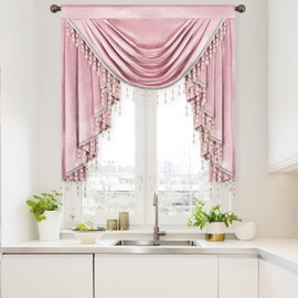 VOGOL Pink Velvet Waterfall Valance, 39 Inch Wide European Style Soft Touch Decorative Drapes for Living Room, Light-Filtering Rod Pocket Window Curtain for Home Office, 1 Panel