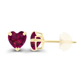 Solid 14K Yellow Gold 5mm Heart Created Red Ruby July Birthstone Genuine Stud Earrings For Women