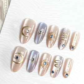 30pcs HandmadePress On Nails Medium Fake Nails with 3D Gold Stars Moon Snake Designs Flash Cat Eyes Fake Nails Long Coffin Almond Manicure Luxury Rhinestones Nails for Women Decoration